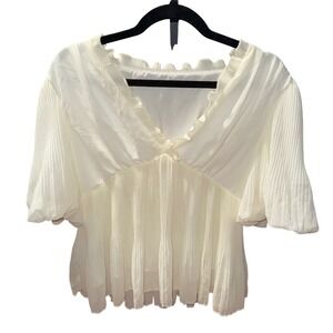 Dazy Pleated V Neck Ruffle Trim Puff Sleeve Blouse Top Cream L